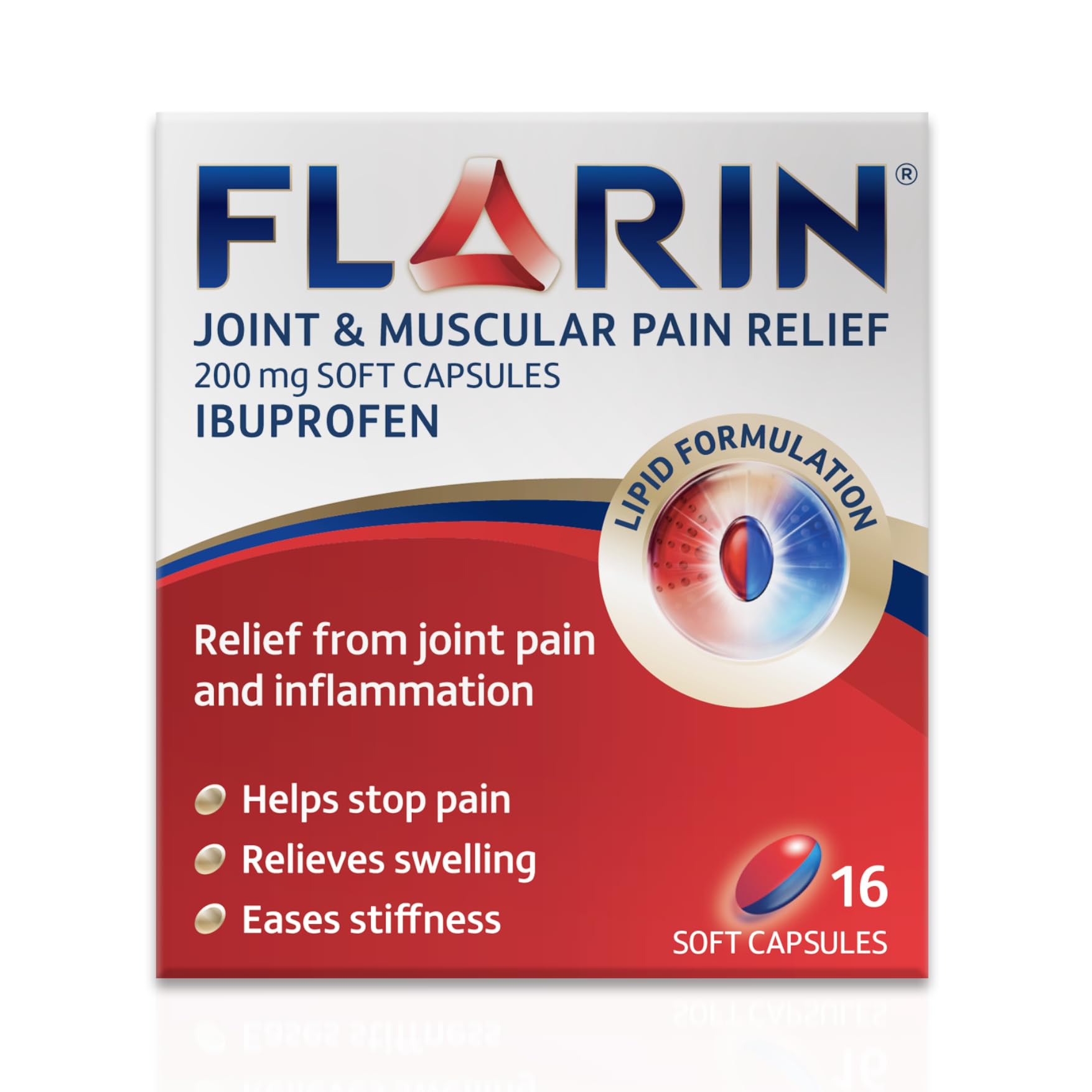 Flarin Joint & Muscular Pain Relief, 200mg Ibuprofen, 16 Soft Capsules | Back, K