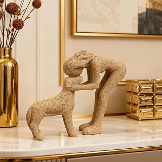 Women Kissing Small Dog Resin Figurine Warm Pet Interaction Scene Sculpture Sandstone Resin Ornament Home Decor Lady Bending To Kiss Dog Home Decor Pet Lover Gift
