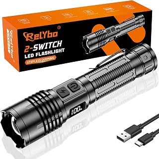 Relybo Torch Rechargeable 1000000 Lumen Super Bright Flashlight-1500m Range | Long Lasting Powerful Torch, 3 Modes, Zoomable, Aluminum with Clip, Waterproof for Camping Dog Walking Power Cuts Emergency