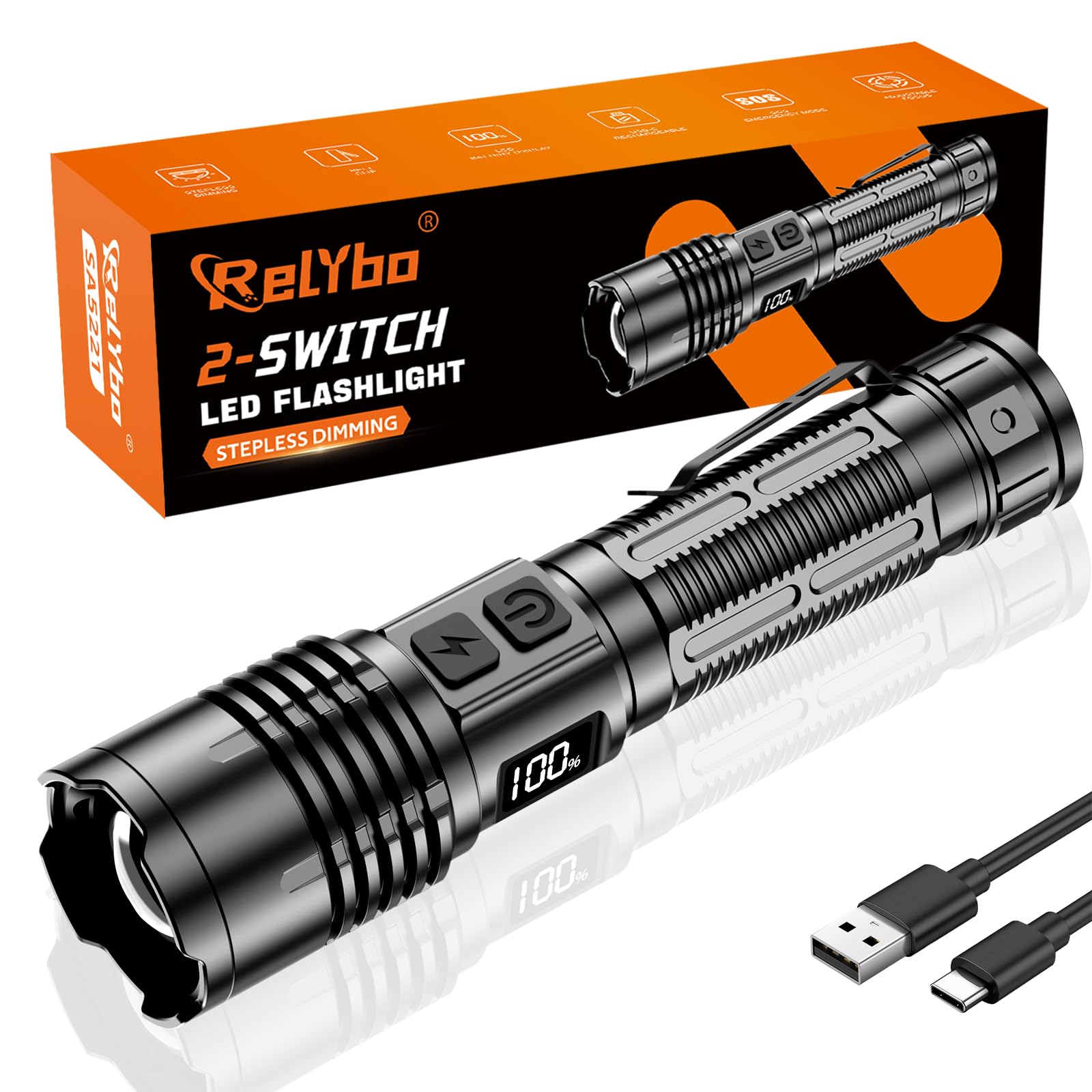 Relybo Torch Rechargeable 1000000 Lumen Super Bright Flashlight-1500m Range | Lo