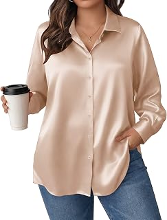 IN'VOLAND Women Plus Size Satin Blouses Long Sleeve Button Down Silk Shirts