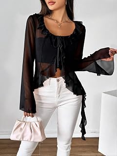 Women's Ruffle Tie Front Blouse Long Bell Sleeve Going Out Sheer Tops