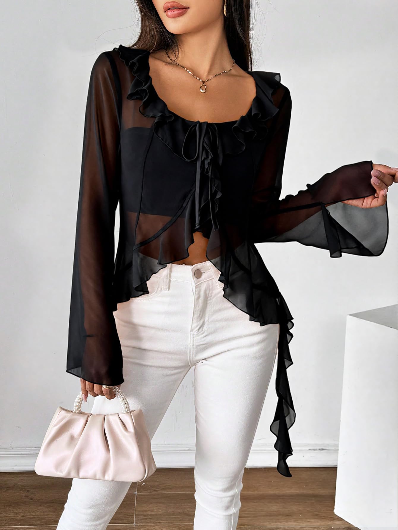 Women's Ruffle Tie Front Blouse Long Bell Sleeve Going Out Sheer Tops