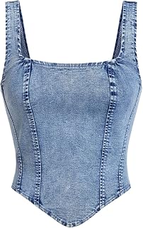 WDIRARA Women's Denim Corset Tank Top Crop Sleeveless Zip Up Back Tops