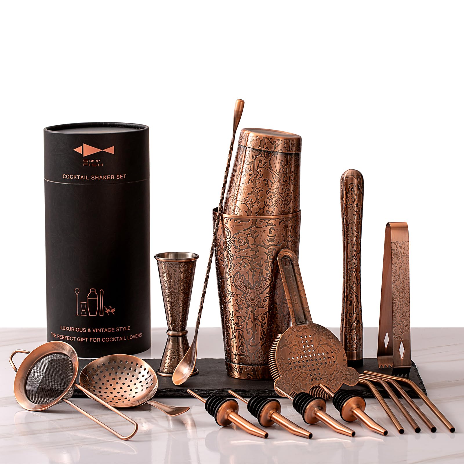SKY FISH Boston Cocktail Shaker Set, 3D Embossed Design Bartender Set, 18-Piece 