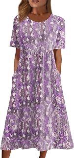 Summer Dresses for Women 2026 Casual Short Sleeve Round Neck Printed Boho Beach Dress with Pockets