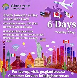 Giant Tree North America Travel SIM Card - 6 Days Unlimited High-Speed Data, Calls & Texts in USA, Canada & Mexico - Includes Hawaii & Alaska - Easy Activation
