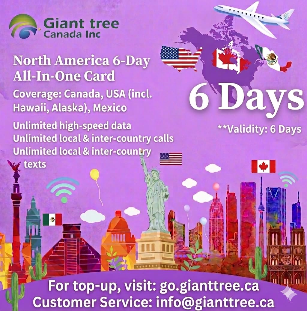 Giant Tree North America Travel SIM Card - 6 Days Unlimited High-Speed Data, Cal