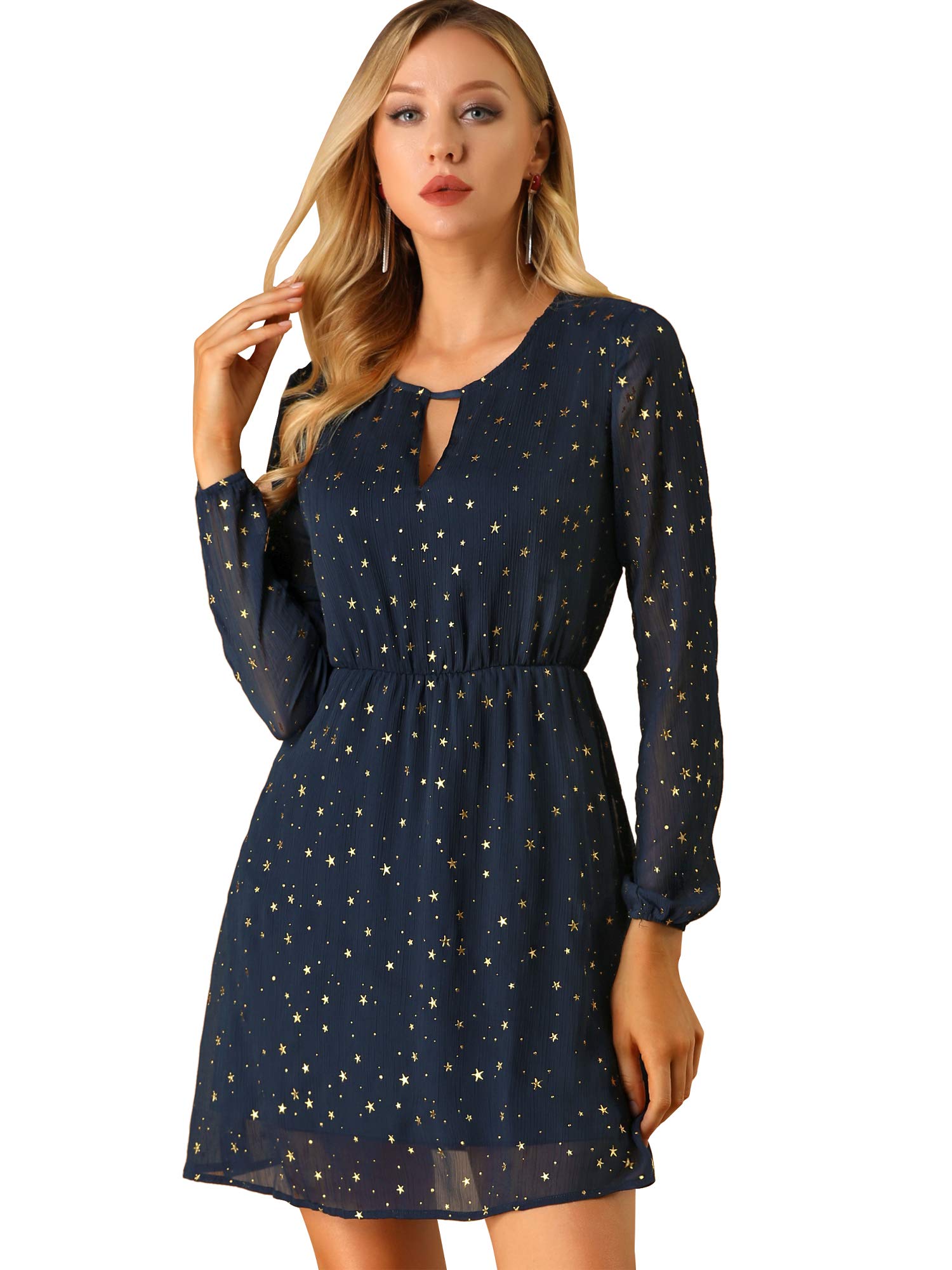 Allegra K Women's Metallic Star Print V-Neck Choker Party Dress