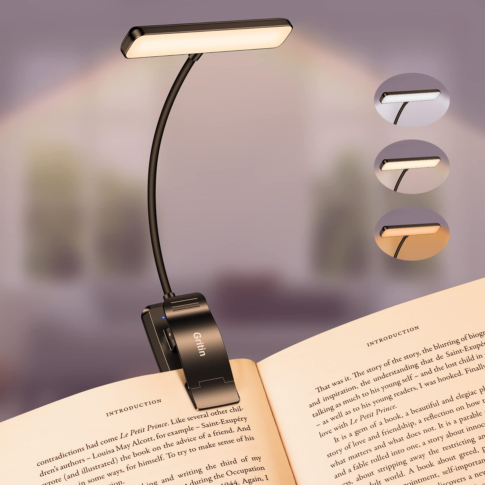 Gritin Reading Lamp Book Clamp USB Rechargeable Book Lamp with 19 LEDs | 3 colou