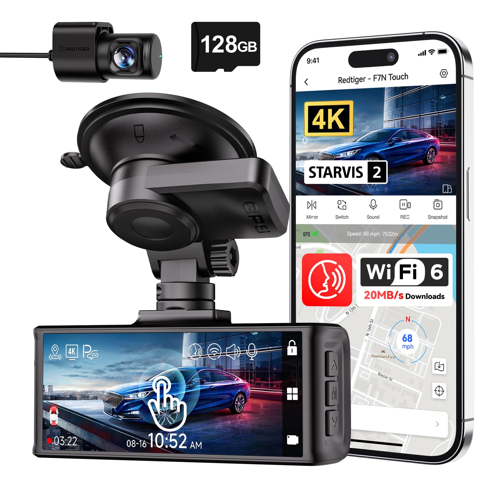 REDTIGER 4K Dash Cam Front and Rear STARVIS 2, 3.18" Touch Screen, 128GB | Voice