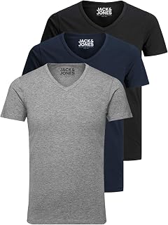 Jack and Jones Men's Basic V-Neck T-Shirt, Pack of 3, Plain, Slim Fit, White, Black, Blue, Grey