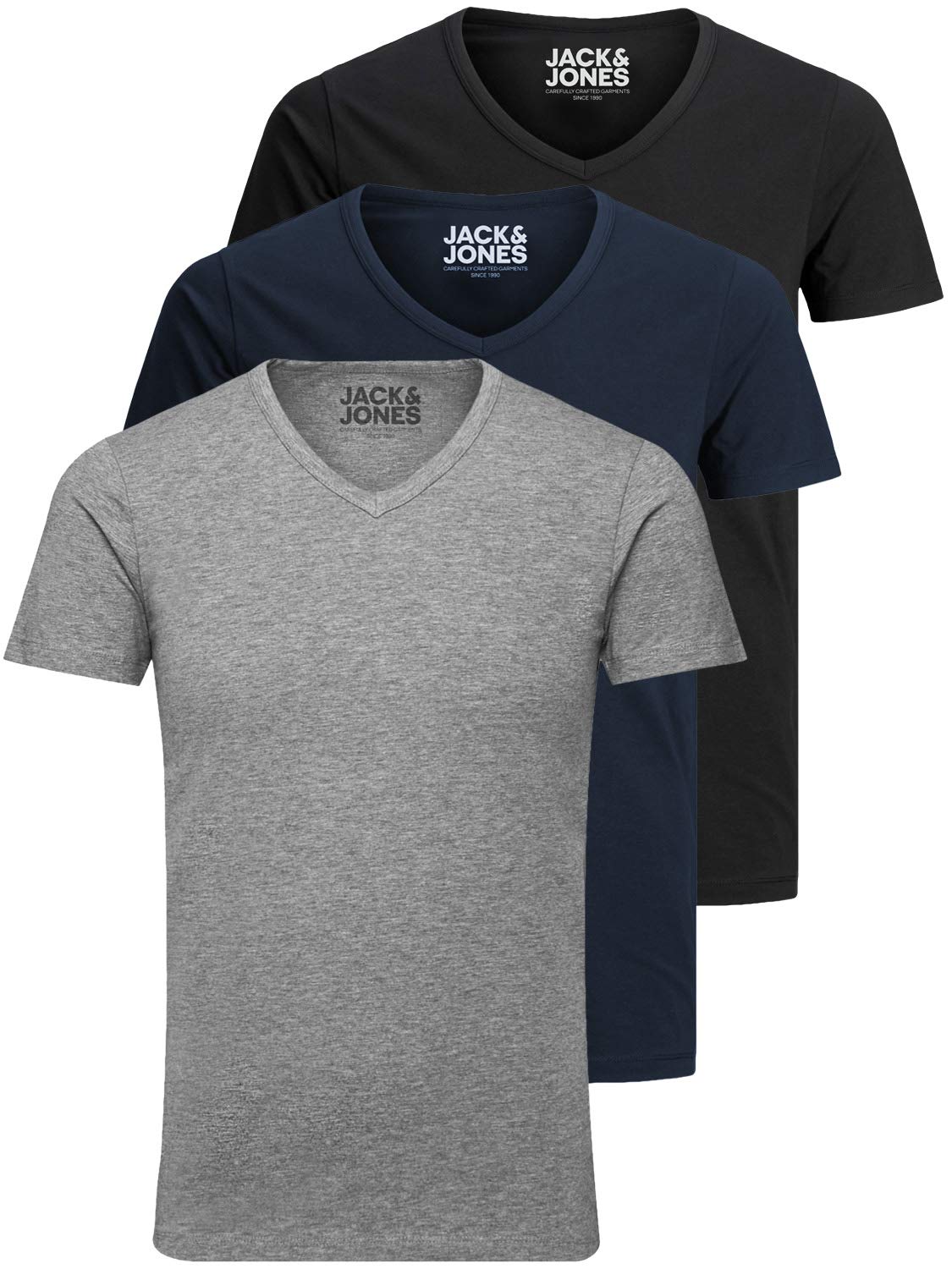 Jack and Jones Men's Basic V-Neck T-Shirt, Pack of 3, Plain, Slim Fit, White, Bl