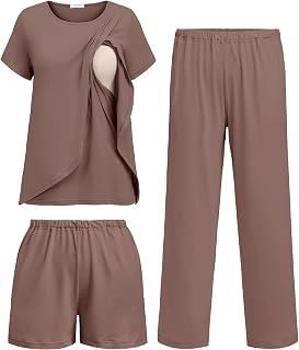 Ekouaer Conjunto de 3 pijamas de maternidad para lactancia posparto, camisas de manga corta, pantalones cortos y pantalones para embarazo, tallas S-XXL