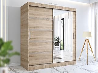 RAC3 Wardrobes for Bedroom with Mirrored Sliding Door & LED Light Premium Wardrobe Storage with Sleek Design comes in Colours Black/White/Grey/Oak- Different Sizes from 120cm - 250cm (Oak, 180cm)