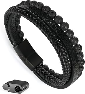 Beaded Leather Bracelets - Gifts for Men, 6mm Tiger Eye Lava Rock Stone Beads Braided Leather Bracelet Handmade Mens Bracelet With Adjustable Magnetic Clasp