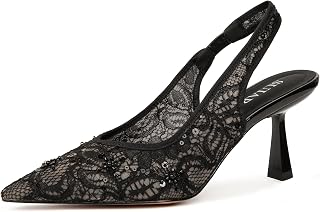 Slingback Wedding Heels for Women Bridal Lace Mesh Kitten Heel Closed Pointed Toe Pearl Pumps Shoes