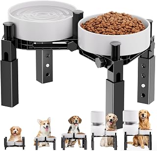 Aystkniet Dog Dish Stand, Double Height Adjustable, 5 Levels (5.8 - 8.9 inches (14.7 - 22.5 cm)), Suitable for All Dog Breeds, Medium to Large and Senior Dogs, Anti-Slip Tripod + Anti-Tilt Design, Silent Strip, Durable and Easy to Clean (ABS Plastic Double), *Tableware (Bowl) Sold Separately