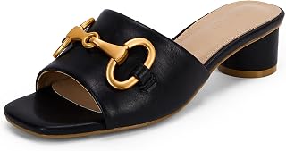 Coutgo Womens Heeled Slides Sandals Square Open Toe Slip on Comfortable Kitten Block Low Heel Metal Chain Dressy Shoes