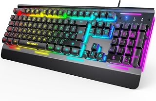 TECKNET RGB Gaming Keyboard UK Layout with 15-Zone RGB Illumination | USB Wired Computer Keyboard, All-Metal Panel, 25 Anti-ghosting Keys, 105 Keys, IP32 Water&Dust Resistant, 90% Quiet Keyboards