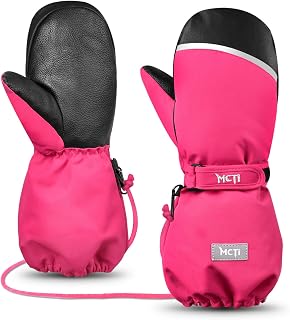 MCTi Kids Mittens Waterproof Winter Ski Warm Sherpa Lined Long Cuff with String Red XXXS