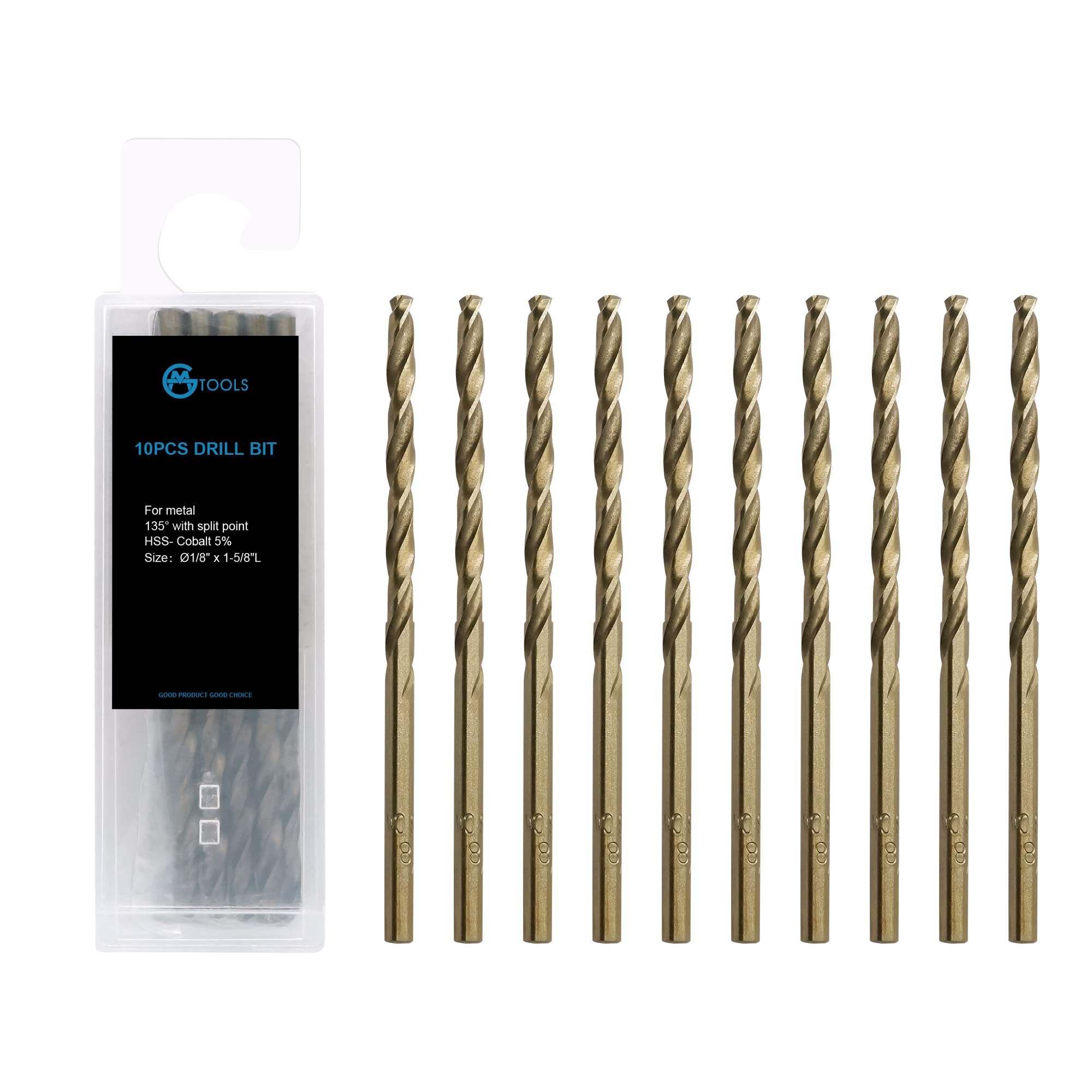 GMTOOLS 1/8 inch Cobalt Drill Bits, M35 HSS, 135 Degree Tip, Jobber Length Twist