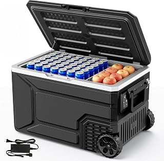 12 Volt Refrigerator 68QT -4℉~68℉ Electric Cooler with Wheels for Car,Black | 64L Car Fridge Compressor,Plug in Coolers for Vehicles,Portable Refrigerator for Camping with 2 Baskets, Freezer Cooler