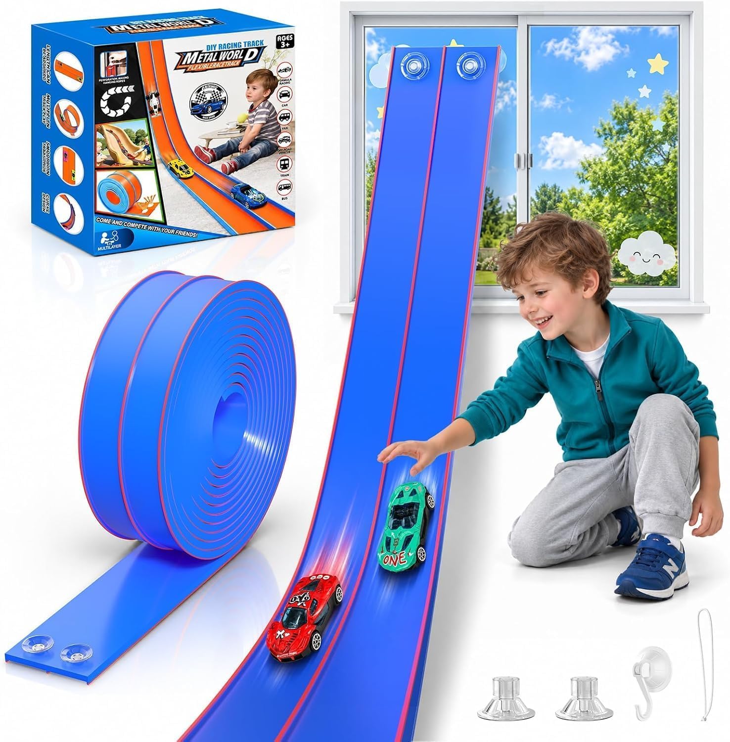 TAEMVV Flexible Race Track for Kids, 15 Ft Dual Car Track Set, Royal Blue | Comp