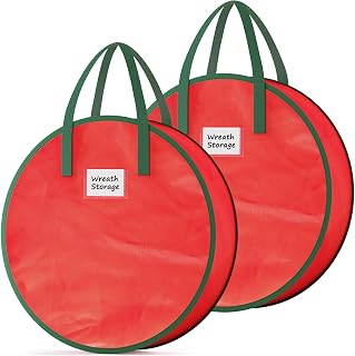 Criusia Wreath Storage Container, 2 Pack Christmas Wreath Storage Bag with Sturdy Handle, Two-way Zipper,Durable Wreath Storage Organizer Box for Holiday Decoration (Red, 24"x8")
