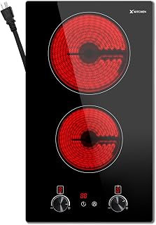 2 Burners Electric Cooktop 12 Inch w/Plug Ceramic Cooktop w/Knob Control | Portable, Knob Control, Child Lock, Timer, Residual Heat Indicator, 11.6inch, Max 1800W, with Plug