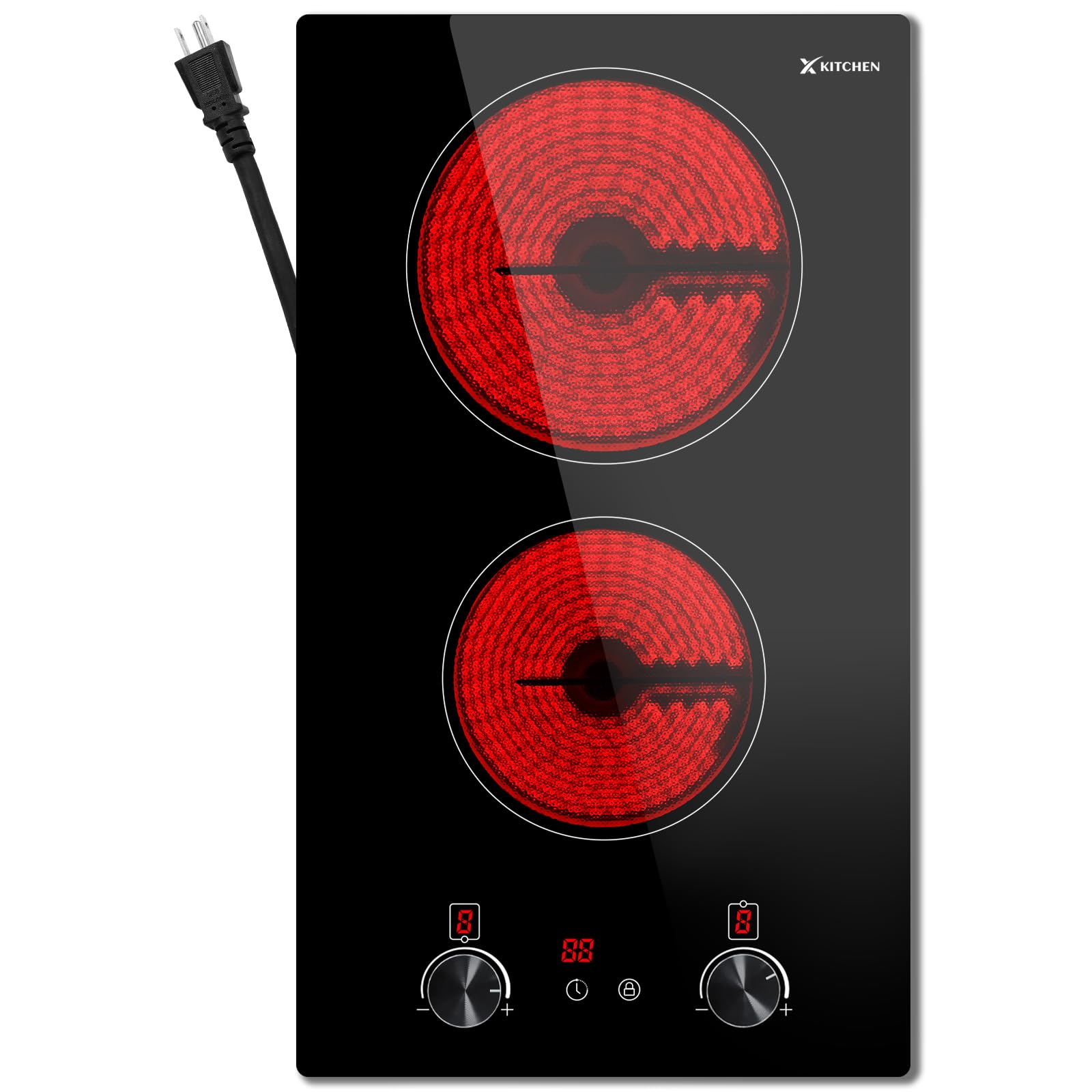 2 Burners Electric Cooktop 12 Inch w/Plug Ceramic Cooktop w/Knob Control | Porta