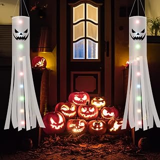 Jsdoin 180CM Halloween Ghost Windsocks Flag with 2M LED Colorful Lights 2 PCS, Hanging Halloween Ghost Decoration Outdoor, Flag Wind Socks Décor for Yard Garden Door Lawn Dead Tree Party Supplies