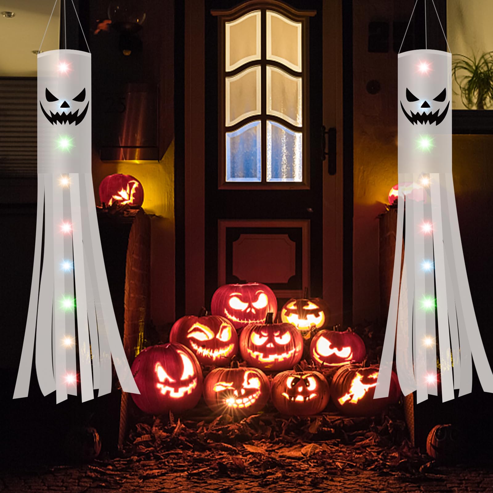 Jsdoin 180CM Halloween Ghost Windsocks Flag with 2M LED Colorful Lights 2 PCS, H