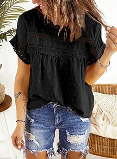 Women Summer Blouses Tunic Tops Short Sleeve Lace Round Neck Loose Fit Casual Solid Color