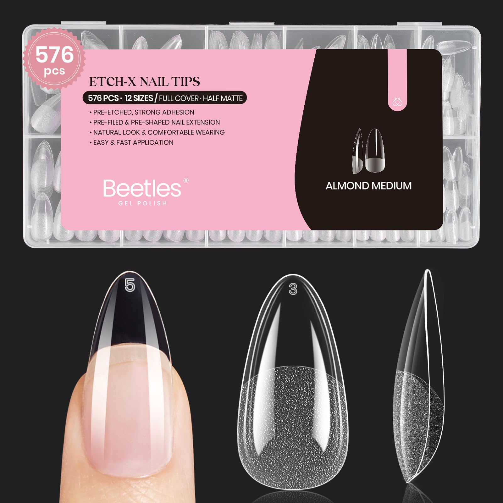 Beetles Medium Almond Nail Tips 576pcs 12 Sizes Pre-Etched Soft Gel Tips | Half 