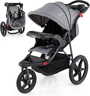 BABY JOY Jogging Stroller, Foldable Jogger Stroller with Adjustable Canopy &amp; Backrest, Air-Filled Tires, Child &amp; Parent Tray, Cup Holders, Storage Basket, Running Stroller for Babies Toddlers (Gray)