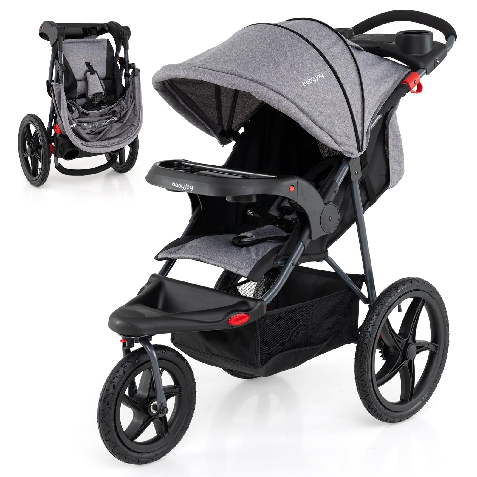 BABY JOY Jogging Stroller, Foldable Jogger Stroller with Adjustable Canopy & Bac