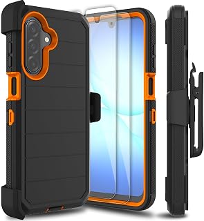 Leptech for Samsung Galaxy A17 5G Case with 2 Pack Tempered Glass Screen Protector, [Belt Clip Holster Series] Kickstand Heavy Duty Military Grade Drop Protection Shockproof Phone Cover (Black/Orange)