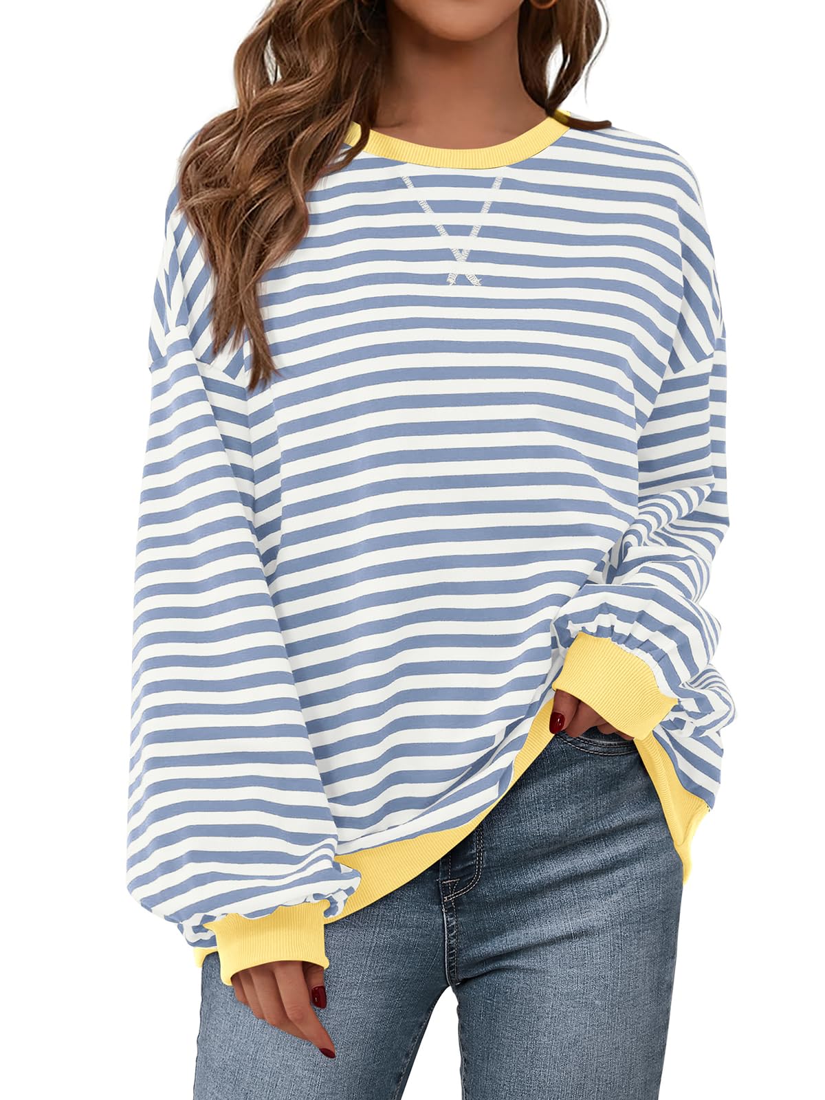 PRETTYGARDEN Womens Striped Oversized Sweatshirt Lightweight Fall Clothes