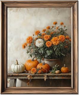 Vintage Fall Wall Art Pumpkin Print, Rustic Halloween Thanksgiving Decor with Orange Floral Still Life, Autumn Kitchen Mantel Entryway Decor for Farmhouse Home Fall Lovers (8 X 10 INCH Print Unframed)