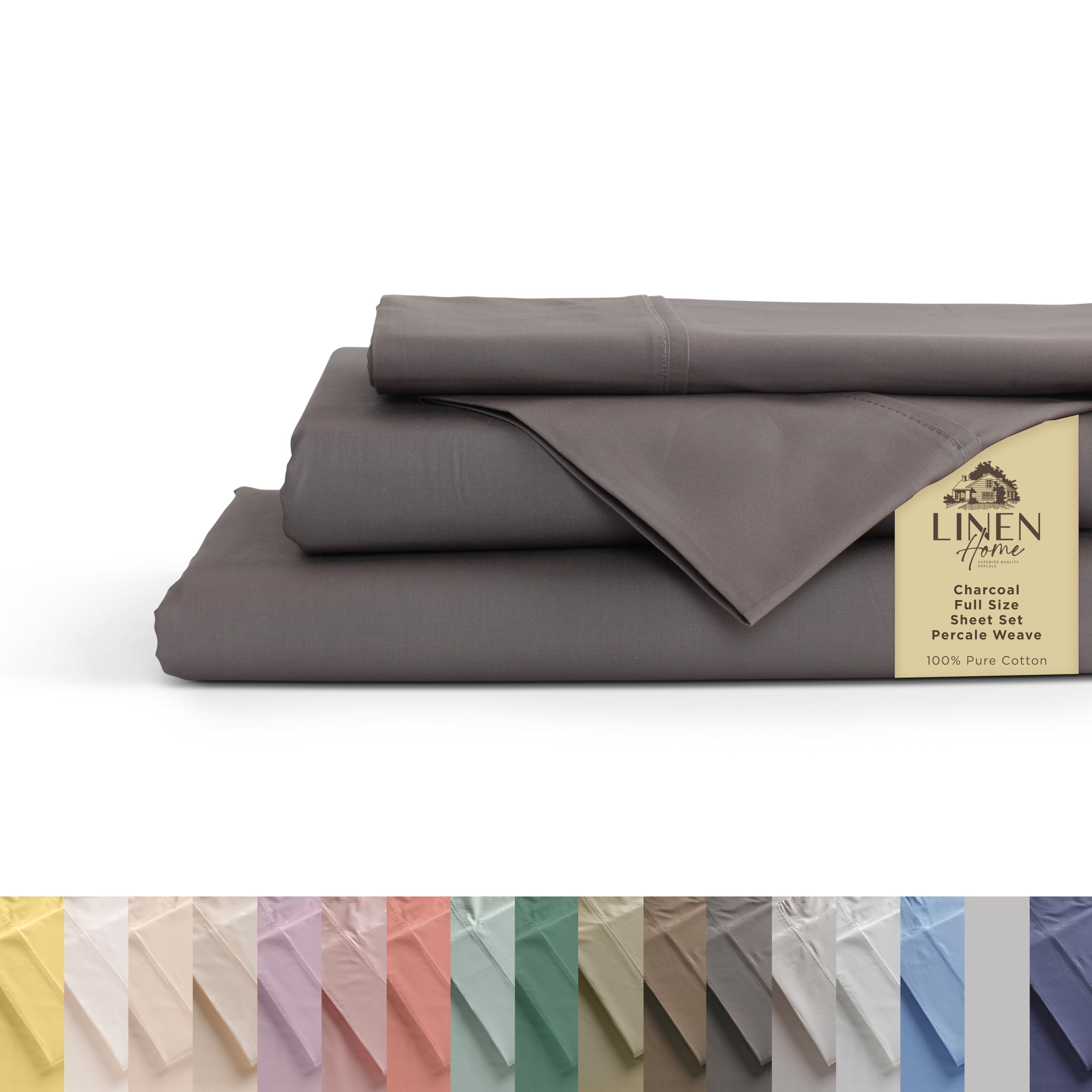 Linen Home Full Size 100% Cotton Percale Sheets, 4 Pc Cooling Set Charcoal