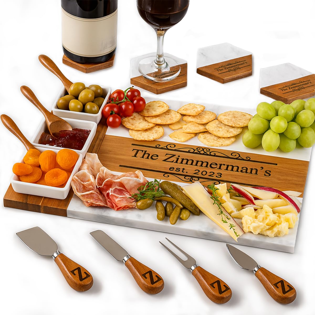 Personalized Charcuterie Board Set, Custom Engraved Marble Cheese Board with Kni
