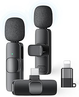 2 Pack Wireless Lavalier Microphone for iPhone iPad and Android Phone, Lapel Mic Plug and Play Wireless Mic Noise Reduction Mini Microphone for Video Recording Interview Podcast Vlog YouTube Tiktok