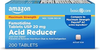 Amazon Basic Care Maximum Strength Famotidine Tablets 20 mg, Acid Reducer for Heartburn Relief, Prevents & Relieves Acid Indigestion, Heartburn Medicine, 12 Hour Protection, 200 Count