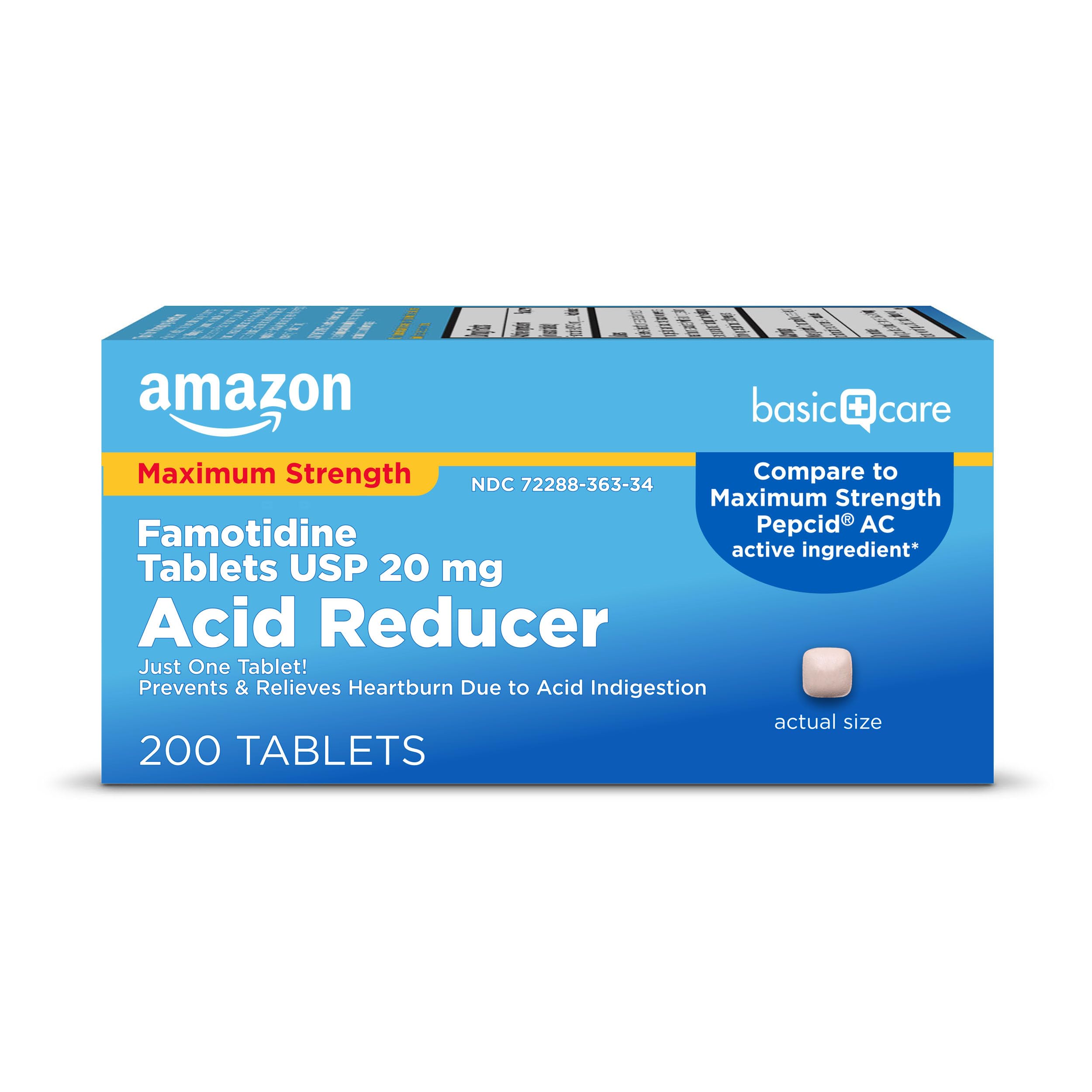 Amazon Basic Care Maximum Strength Famotidine Tablets 20 mg, Acid Reducer for He