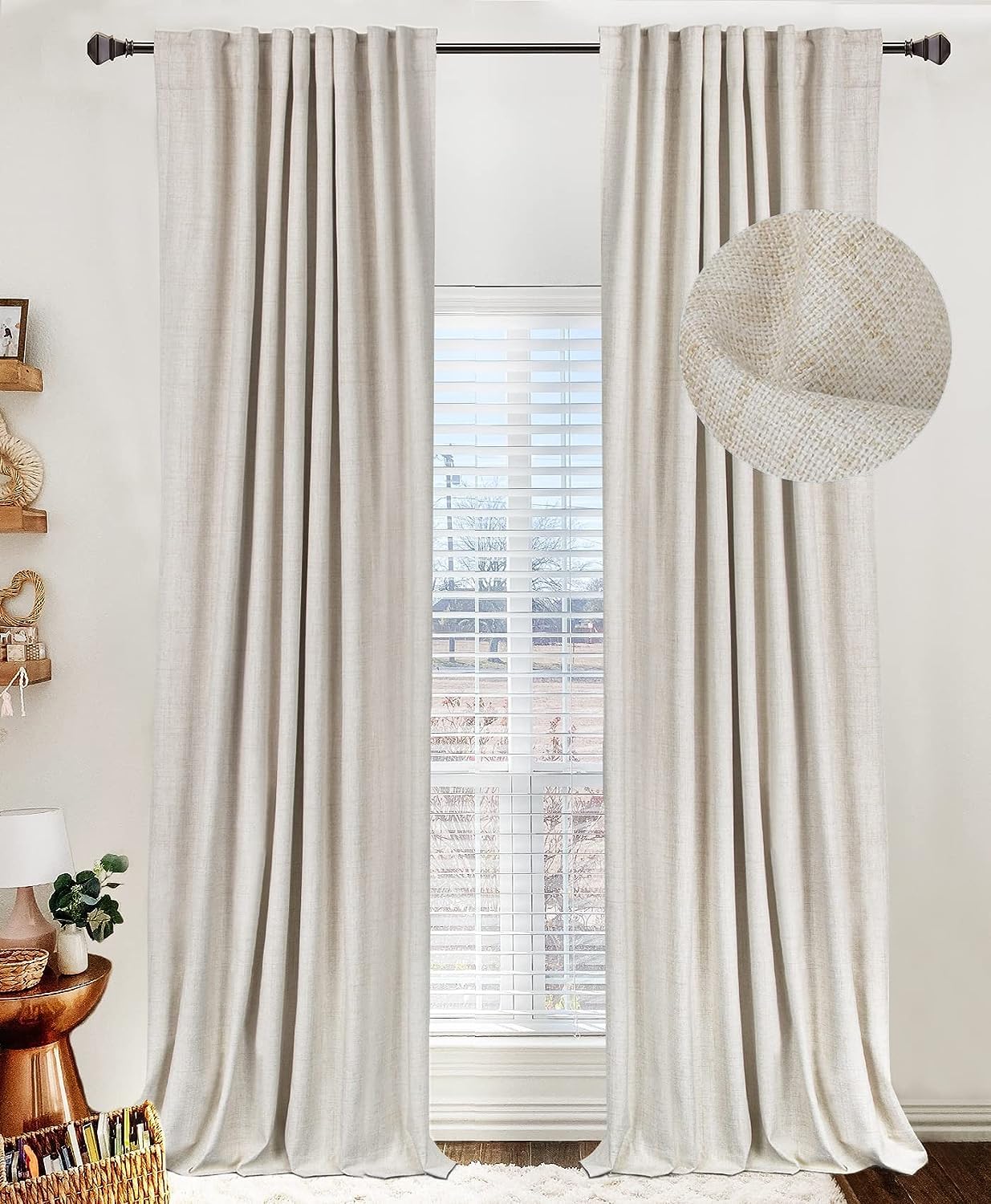 Linen Total Blackout Curtains for Bedroom Living Room 84 Inch, Cream | 100% Blac