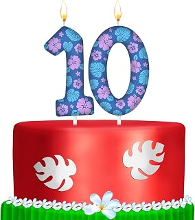 MTLEE 1 Pack Number 10 Cartoon Birthday Candle Numeral Leave and Flower Cake Topper 10 Candle for Cartoon 10th Birthday Decoration Hawaii Party Supplies Favor, Pink and Blue