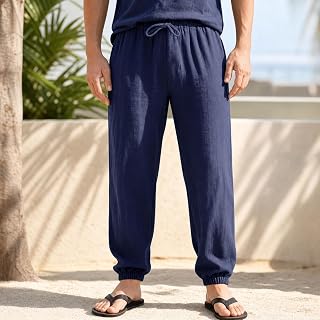 Pantaloni da jogging leggeri da uomo, in lino, con coulisse in vita, pantaloni larghi casual per tutti i giorni o in vacanza