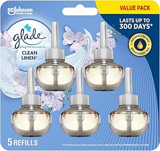 Glade PlugIns Scented Oil Air Freshener, Clean Linen, 5 Refills | 5-Pack Refills, Up To 60 Days Each, Fresh Laundry Scent, Bathroom & Home, Adjustable Intensity, No Phthalates