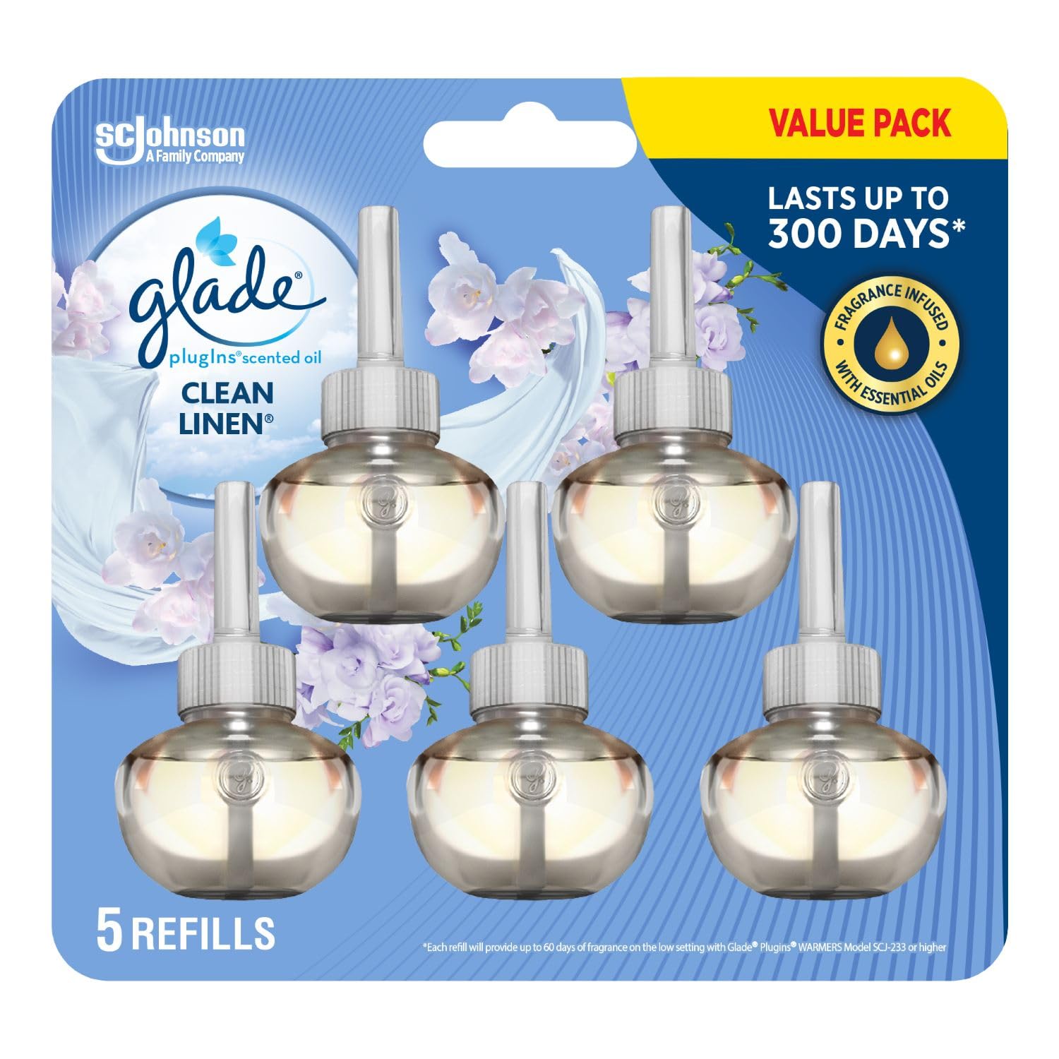 Glade PlugIns Scented Oil Air Freshener, Clean Linen, 5 Refills | 5-Pack Refills